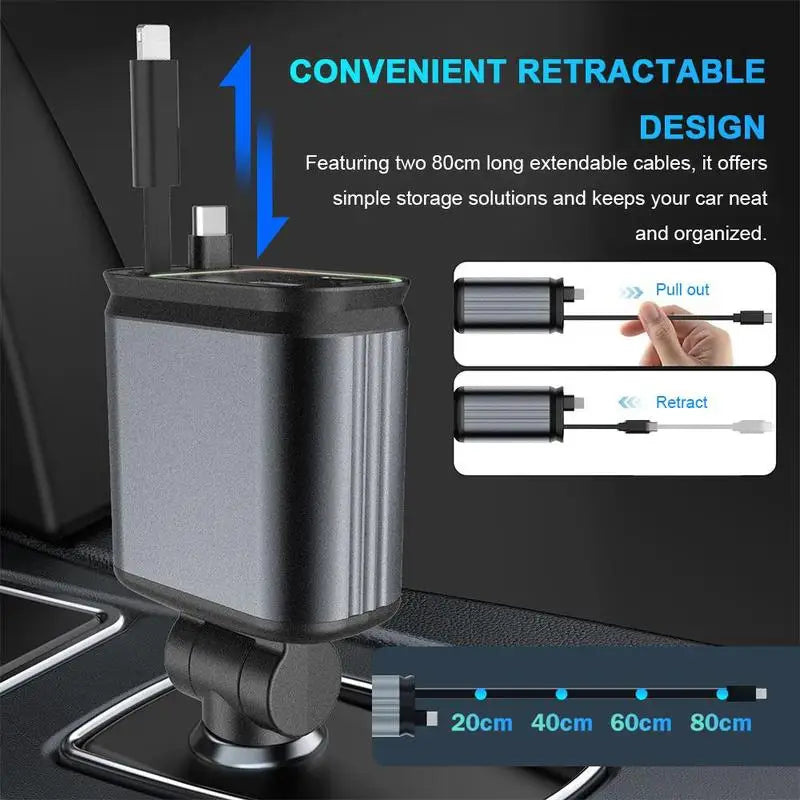 Cargador de coche 4 en 1 con foco de cielo estrellado, cargador de coche retráctil con Cable de carga y 2 puertos de carga, cargador de coche Universal