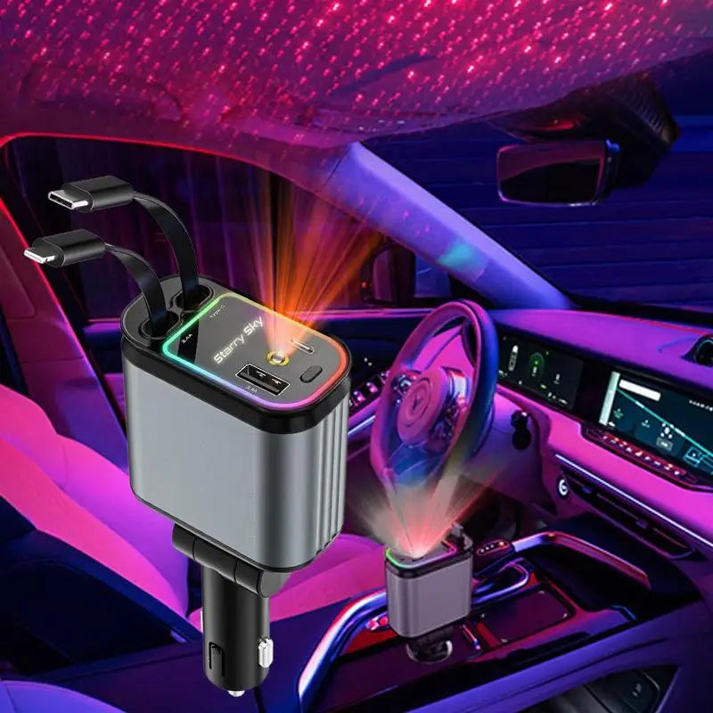 Cargador de coche 4 en 1 con foco de cielo estrellado, cargador de coche retráctil con Cable de carga y 2 puertos de carga, cargador de coche Universal